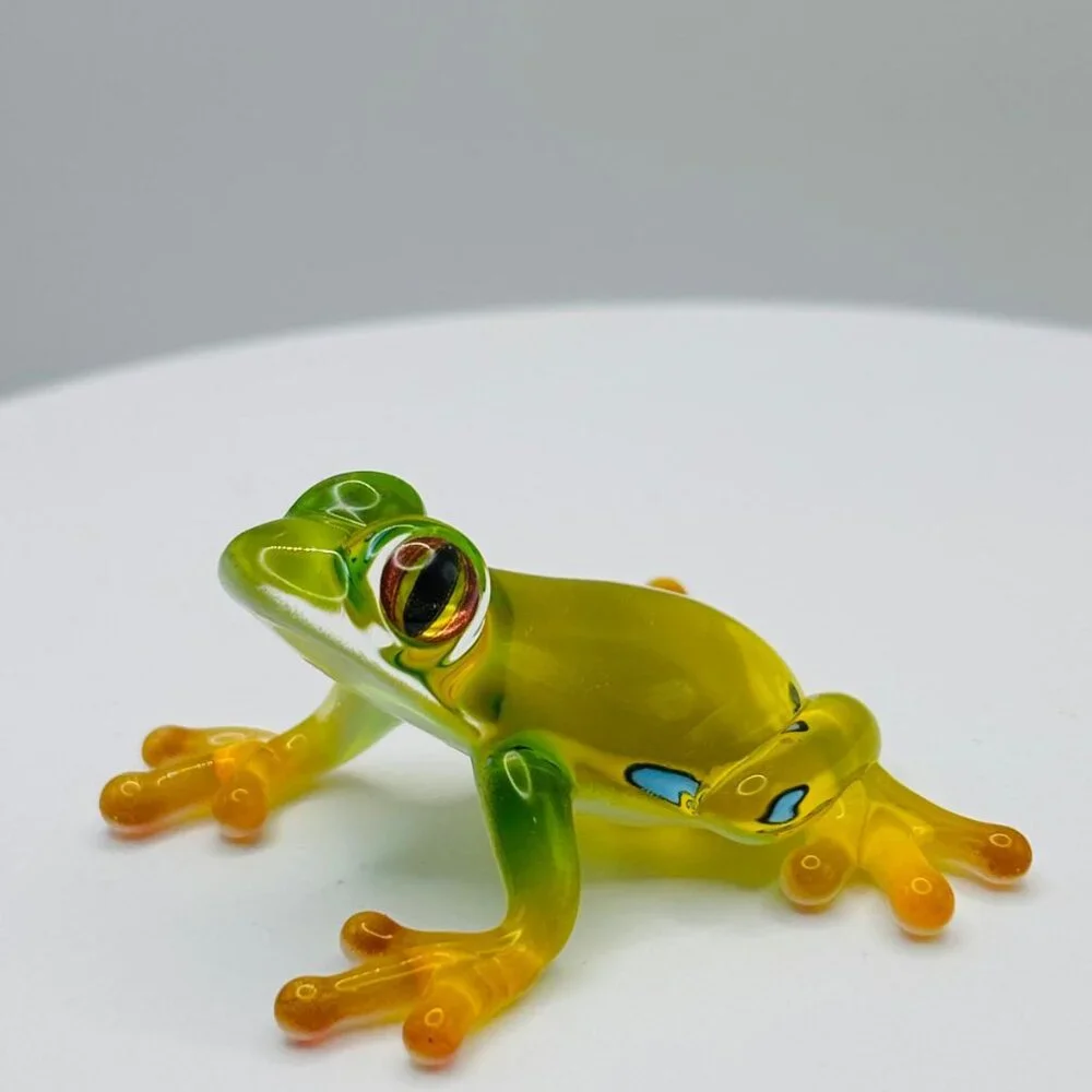 Glass Spotted Frog Figurine Green Yellow Decor